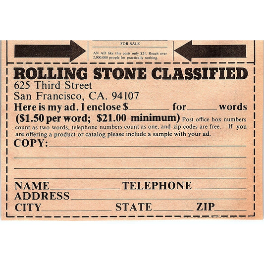 Rolling Stone Classified Blank Form San Francisco CA 3.5x6 1974 Ad AF6-18