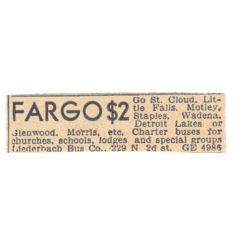 Fargo Trips Liederbach Bus Co 1935 Minneapolis Journal Advertisement AE7-H3