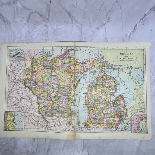 Map of Michigan and Wisconsin 1901 Original Engraving V1-1