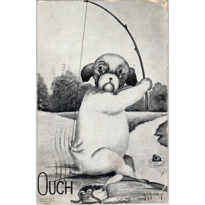 French Bulldog Puppy Fishing Humor A.F. Avery Illustration 1909 Postcard PD2