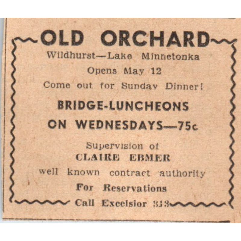 Old Orchard Bridge Luncheons Wildhurst Lake Minnetonka 1935 Newspaper Ad AE7-H2