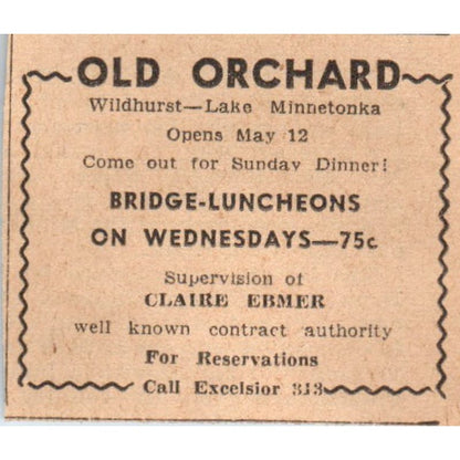 Old Orchard Bridge Luncheons Wildhurst Lake Minnetonka 1935 Newspaper Ad AE7-H2