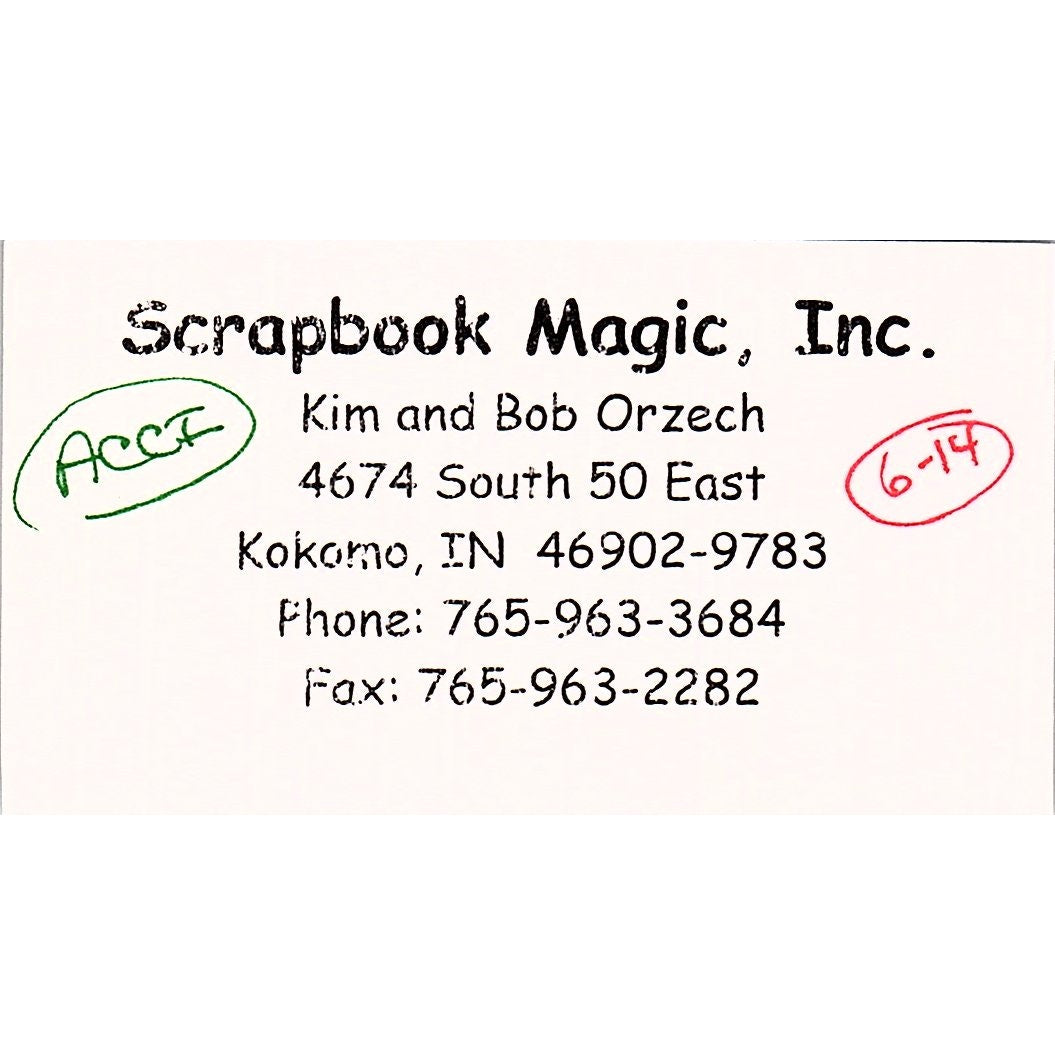 Kim & Bob Orzech Scrapbook Magic Inc Kokomo IN Vintage Business Card SC9-B10