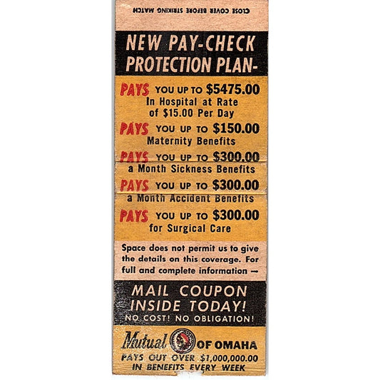 Mutual of Omaha Pay-Check Protection-Plan Vintage Matchbook Cover SC7-Y11