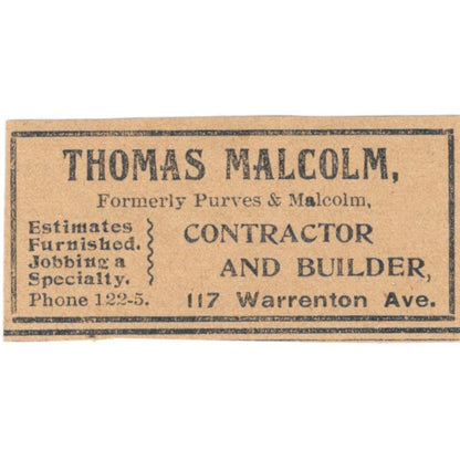 Thomas Malcolm Contractor & Builder Hartford 1901 Newspaper Ad AD8-HS9