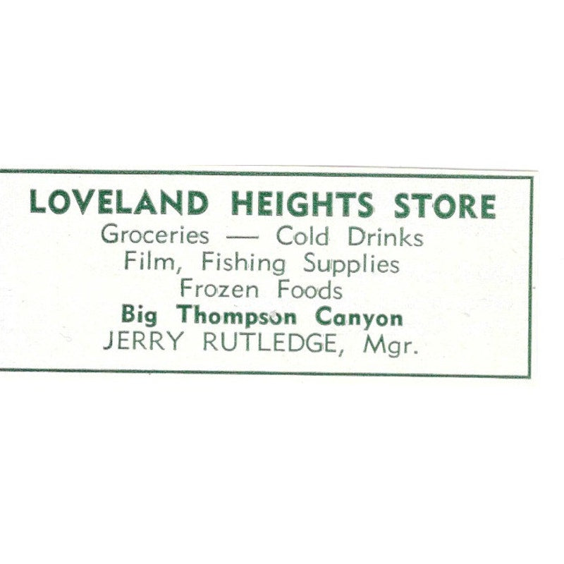 Loveland Heights Store Big Thompson Canyon Rutledge 1957 Estes Park Ad AG4-S11