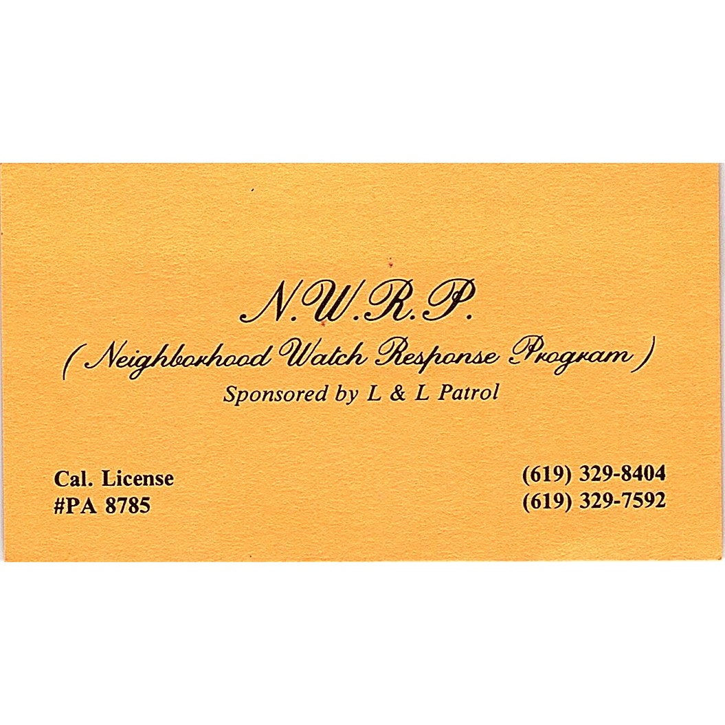 Neighborhood Watch Response Program San Diego CA Vintage Business Card SB4-B3