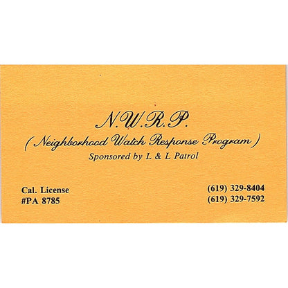 Neighborhood Watch Response Program San Diego CA Vintage Business Card SB4-B3
