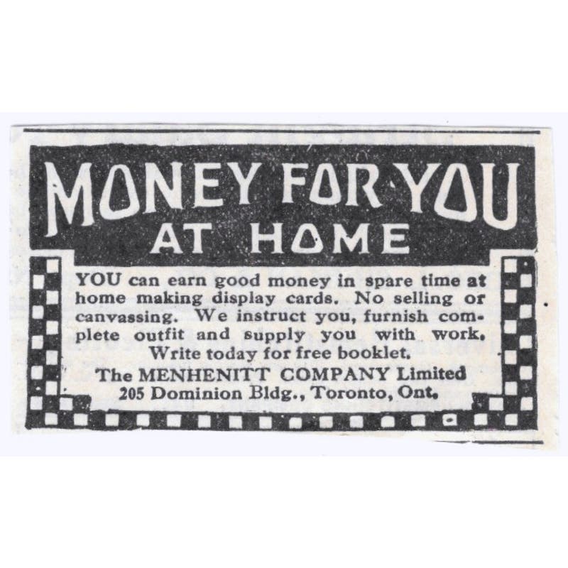 1931 Menhenitt Company Earn Money From Home Toronto Advertisement AE5-SA2