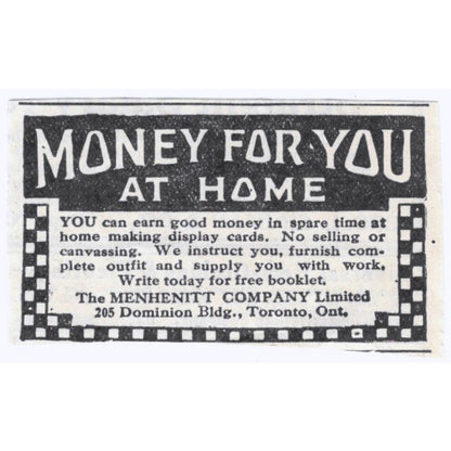 1931 Menhenitt Company Earn Money From Home Toronto Advertisement AE5-SA2