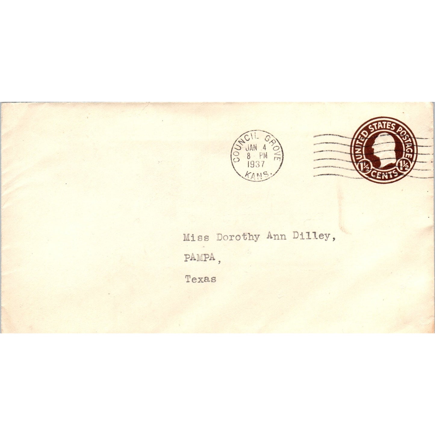 1937 Council Grove KS to Dorothy Ann Dilley Pampa TX Postal Cover TG7-PC3