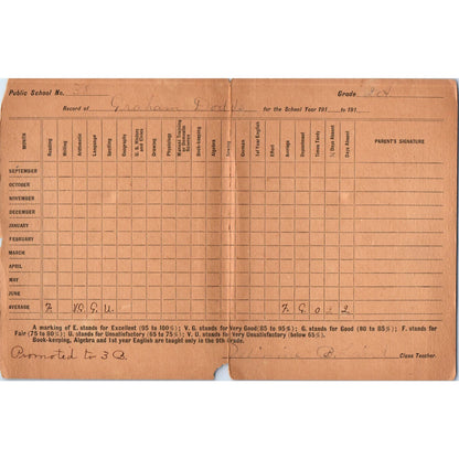 c1910 Buffalo NY Public School No 38 Report Card Graham Dodds AE6