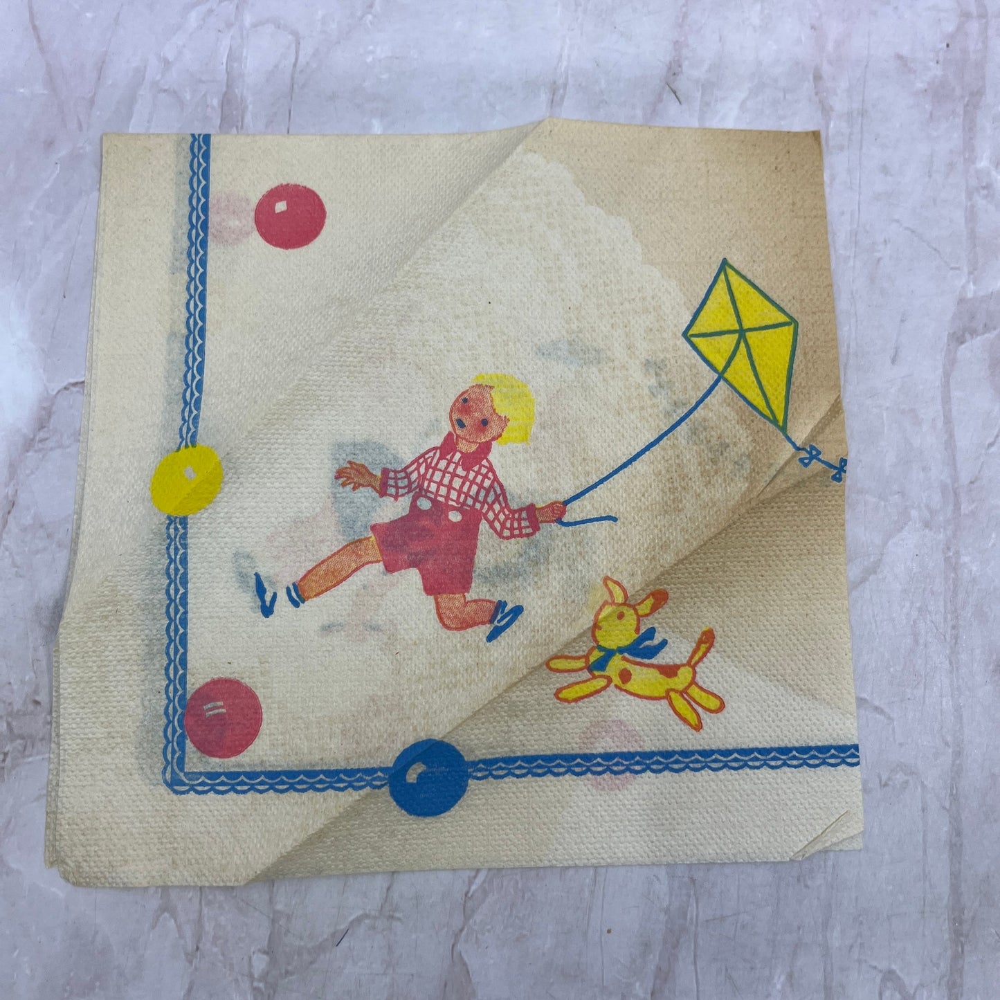 1940s Birthday Napkin Boy With Kite Girl Pushing Doll Stroller TA9-E2