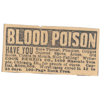 Blood Poison Cured Cook Remedy Co Chicago St. Paul 1898 Newspaper Ad AF2-S7