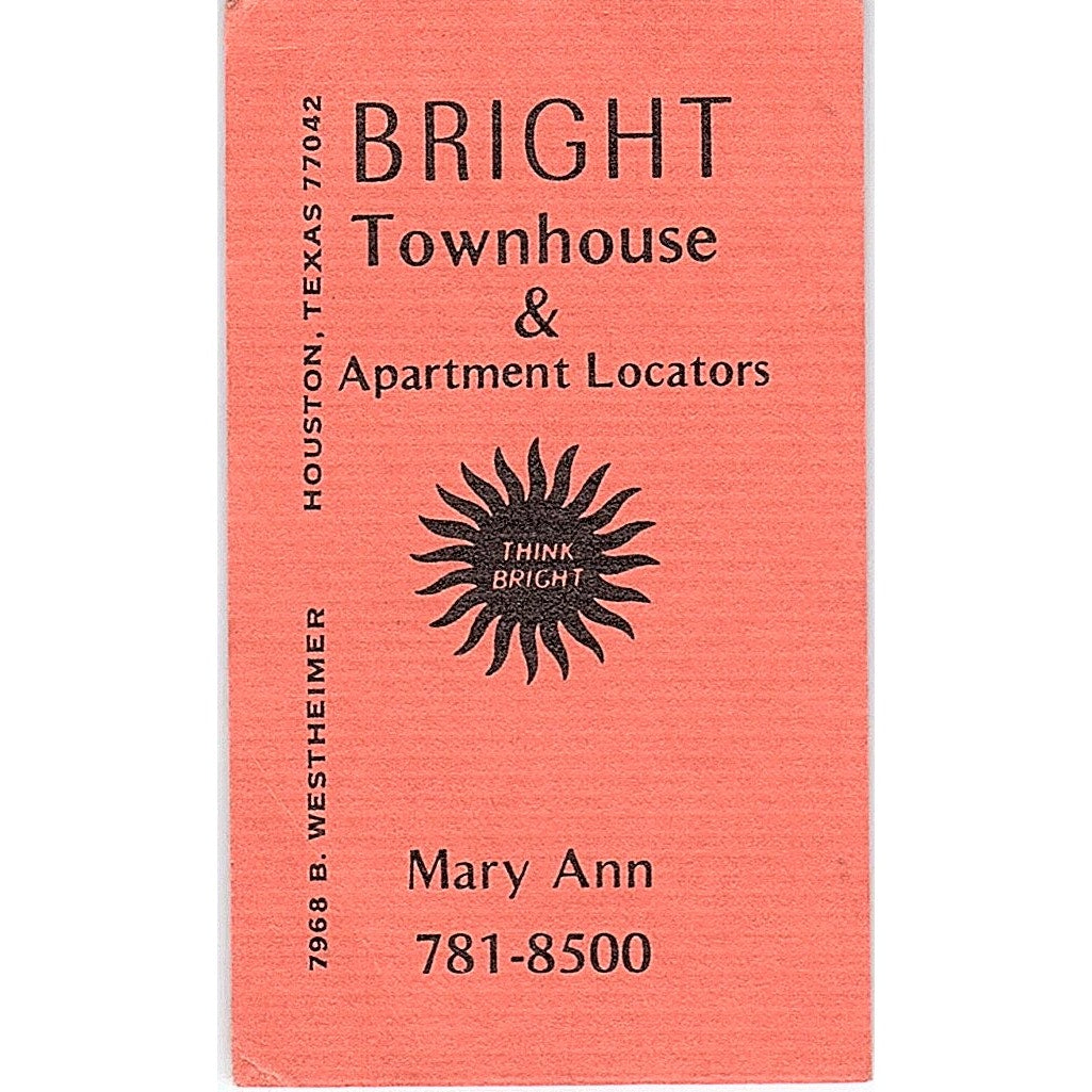 Mary Ann Bright Townhouse Apartment Locators Houston Vtg Business Card SE3-B15