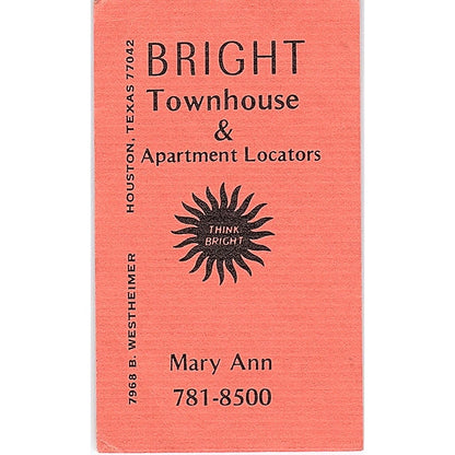 Mary Ann Bright Townhouse Apartment Locators Houston Vtg Business Card SE3-B15