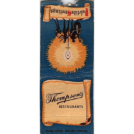 Thompson's Restaurants Christmas Yuletide Greetings Vtg Matchbook Cover SC7-Y4