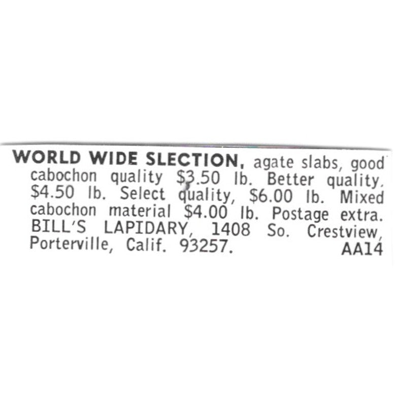 Bill's Lapidary Worldwide Selection Porterville California 1972 Ad AF8-S10