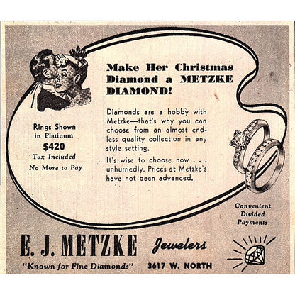 E.J. Metzke Jewelers Diamond Rings 3617 W. North Milwaukee 1948 Ad AG3-H2
