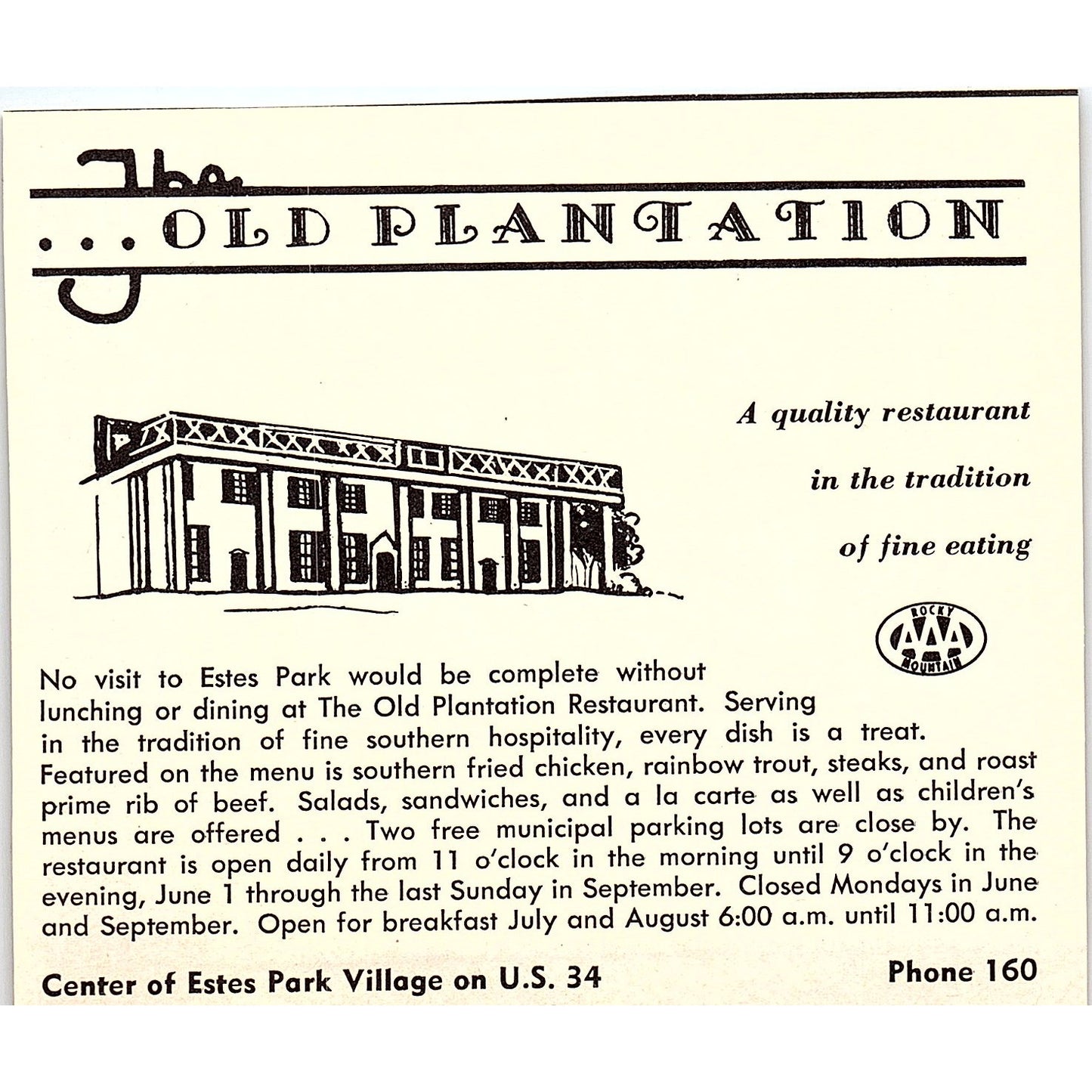 The Plantation Restaurant National Forest Bus Tours Estes Park CO 1958 Ad AG1-H1