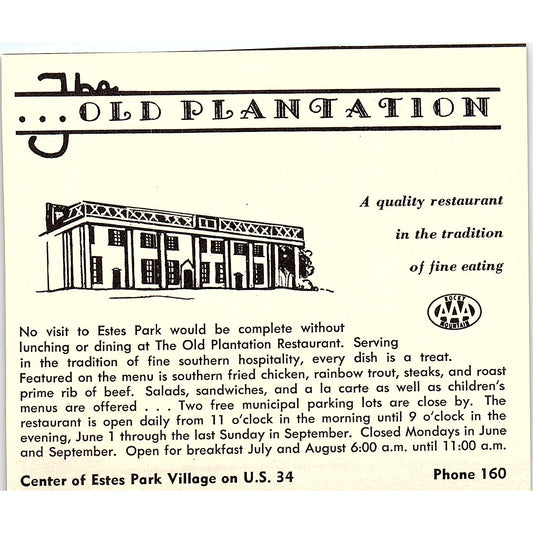 The Plantation Restaurant National Forest Bus Tours Estes Park CO 1958 Ad AG1-H1
