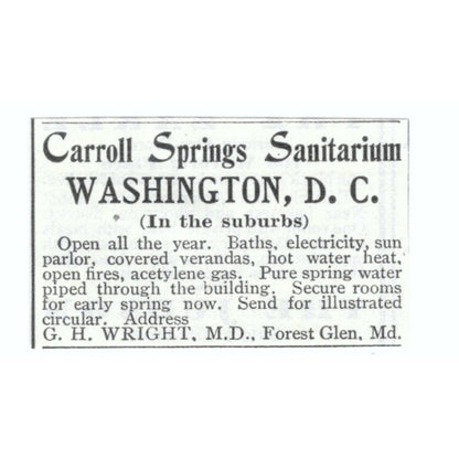Carroll Springs Sanitarium Washington DC G.H. Wright 1903 Magazine Ad AF7-SS2