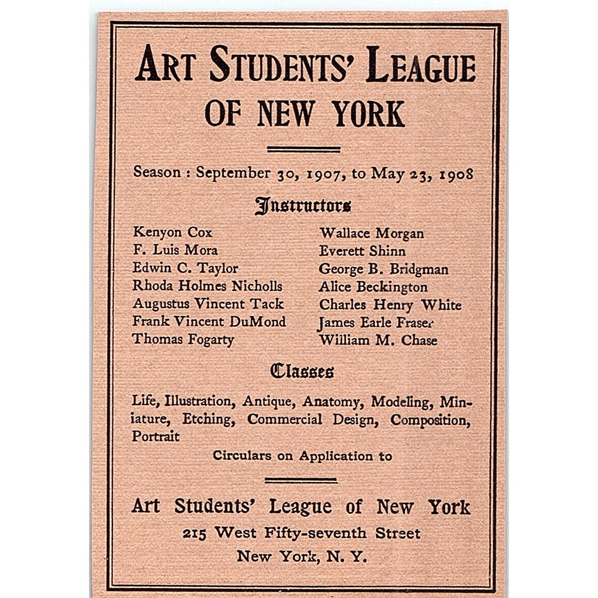 Art Students League of New York W. 57th Street - 1908 Ad AF4-8