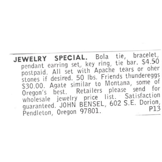 John Bensel Jewelry Special Pendleton Oregon 1972 Ad AF8-S9