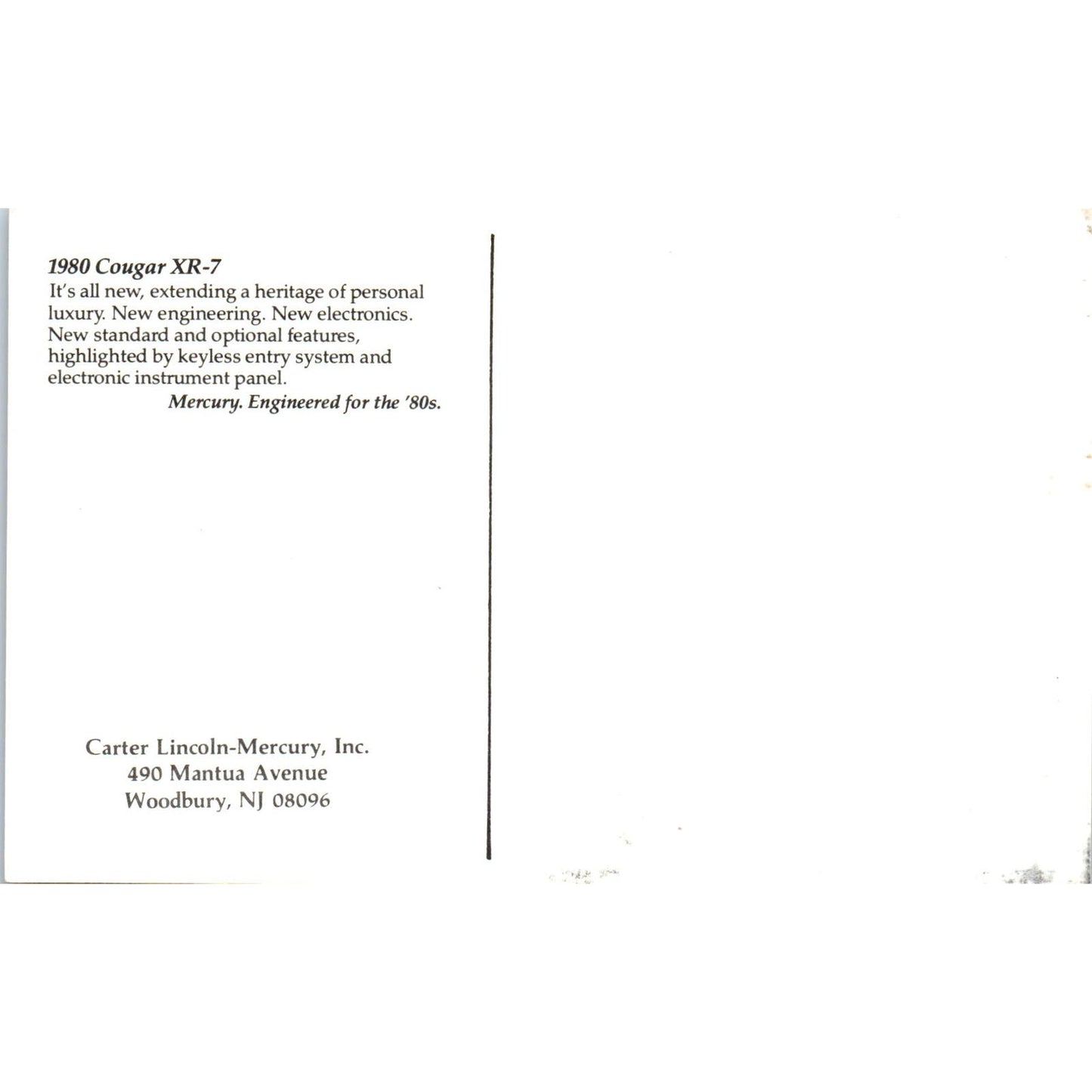 1980 Cougar XR-7 Carter Lincoln-Mercury Woodbury NJ Vintage Postcard PC11