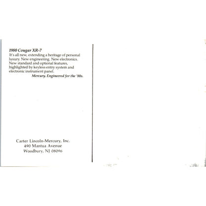 1980 Cougar XR-7 Carter Lincoln-Mercury Woodbury NJ Vintage Postcard PC11