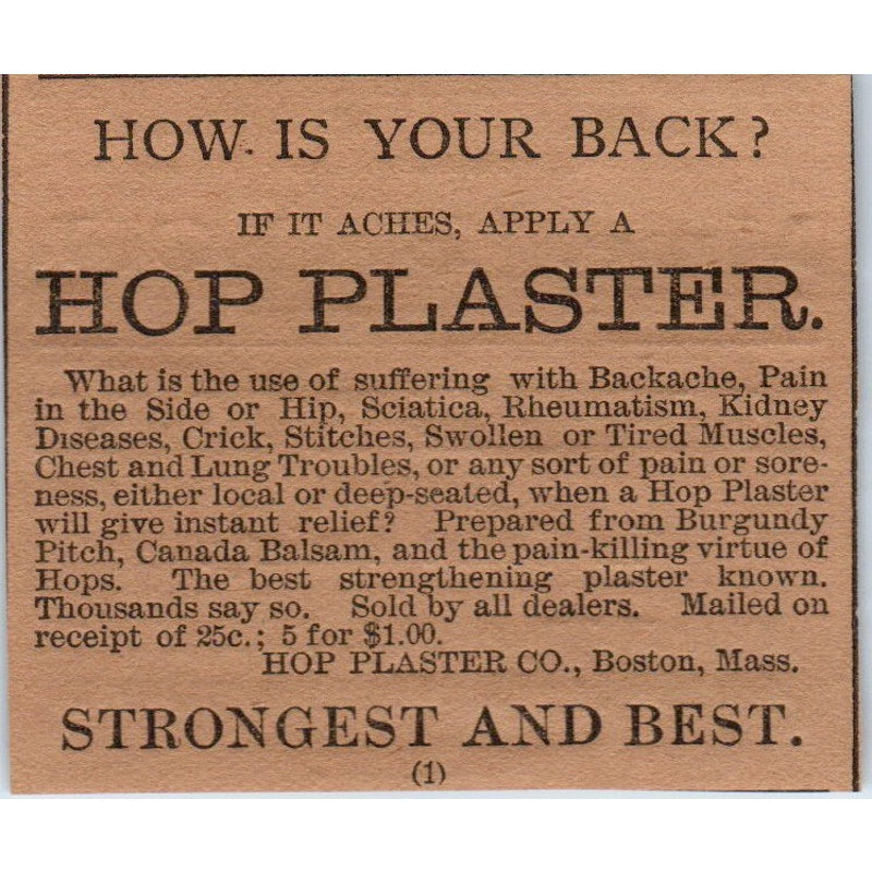 Hop Plaster Co Back Pain Relief Boston MA Hartford 1886 Newspaper Ad AF7-E5