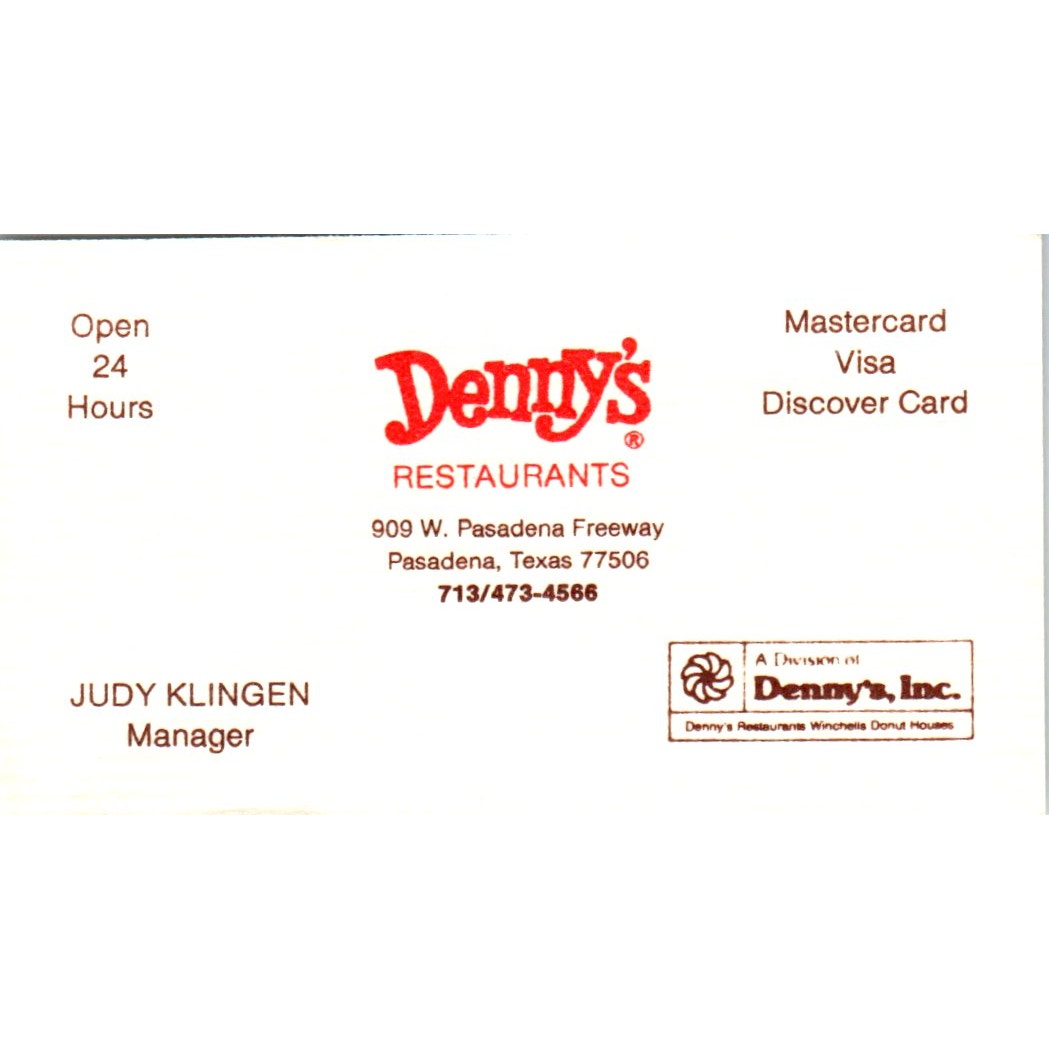 Denny's Restaurant Pasadena TX Judy Klingen Vintage Business Card SD8-B8