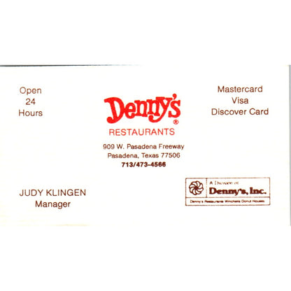 Denny's Restaurant Pasadena TX Judy Klingen Vintage Business Card SD8-B8