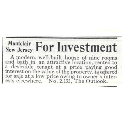 Montclair NJ Homes For Investment c1918 Original Advertisement AE5-SV1
