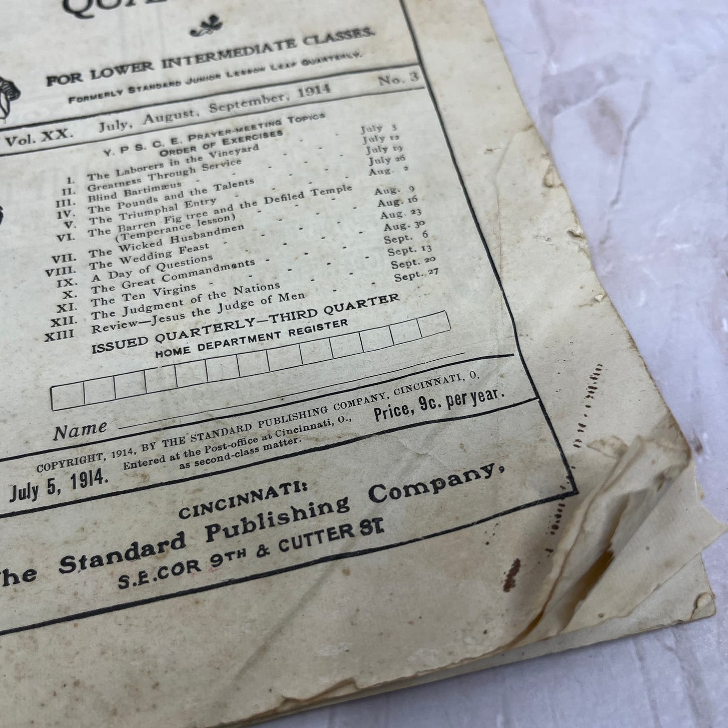 1914 Junior Bible Quarterly Laborers in the Vineyard Matt 20:1-16 TG8-VV