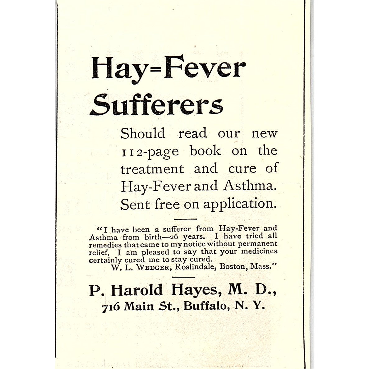 P. Harold Hayes M.D. Hay Fever Remedy Buffalo NY 1892 Ad AG2-M11