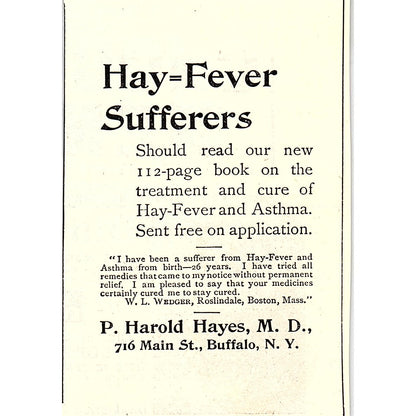 P. Harold Hayes M.D. Hay Fever Remedy Buffalo NY 1892 Ad AG2-M11