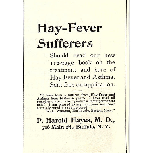 P. Harold Hayes M.D. Hay Fever Remedy Buffalo NY 1892 Ad AG2-M11