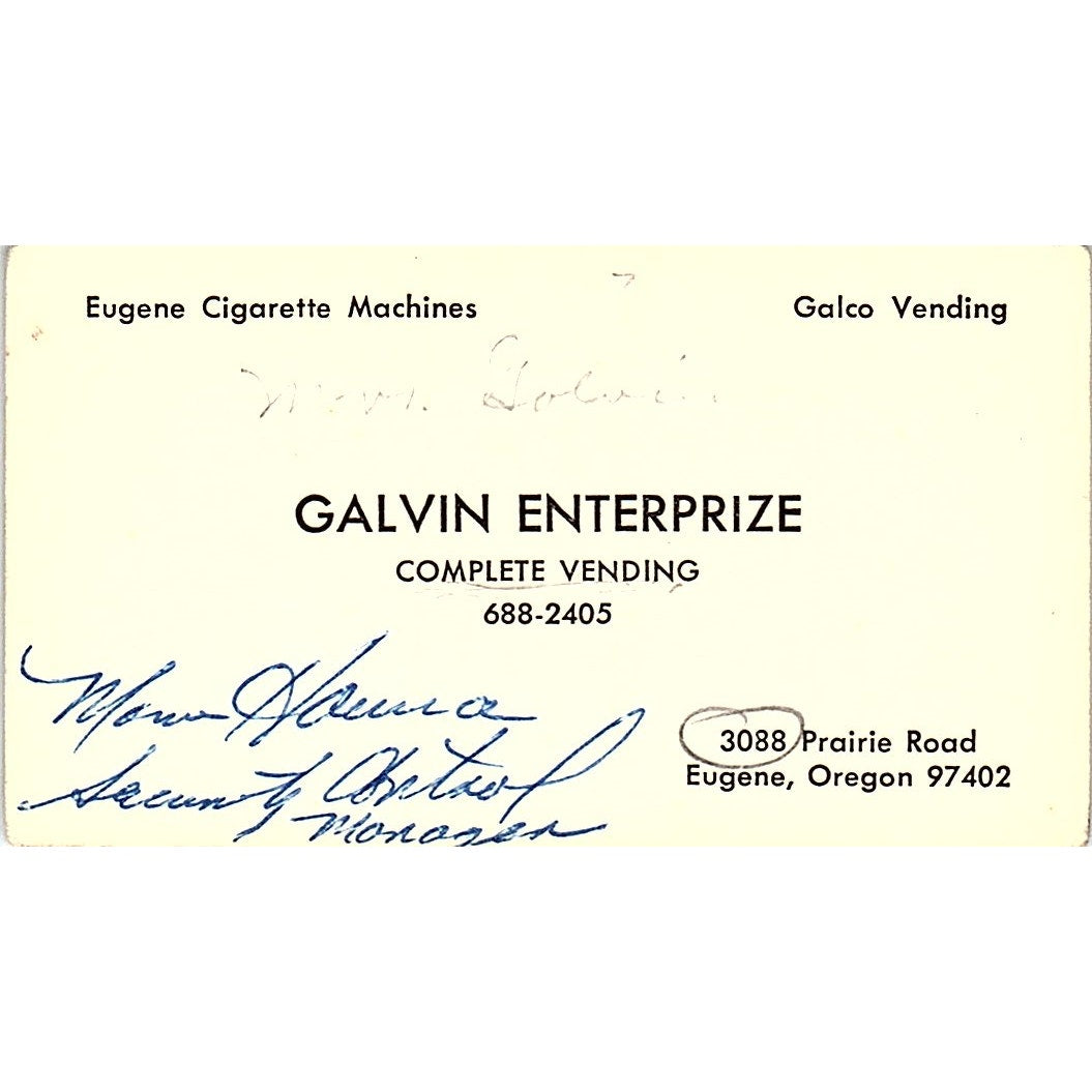 Galvin Enterprize Galco Vending Eugene OR Vintage Business Card SE5-B1