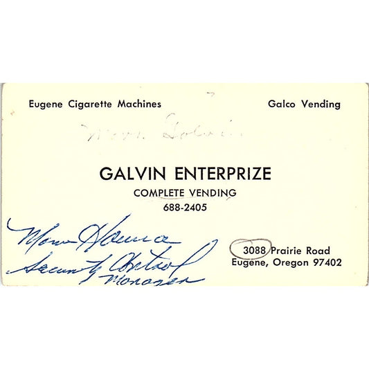 Galvin Enterprize Galco Vending Eugene OR Vintage Business Card SE5-B1