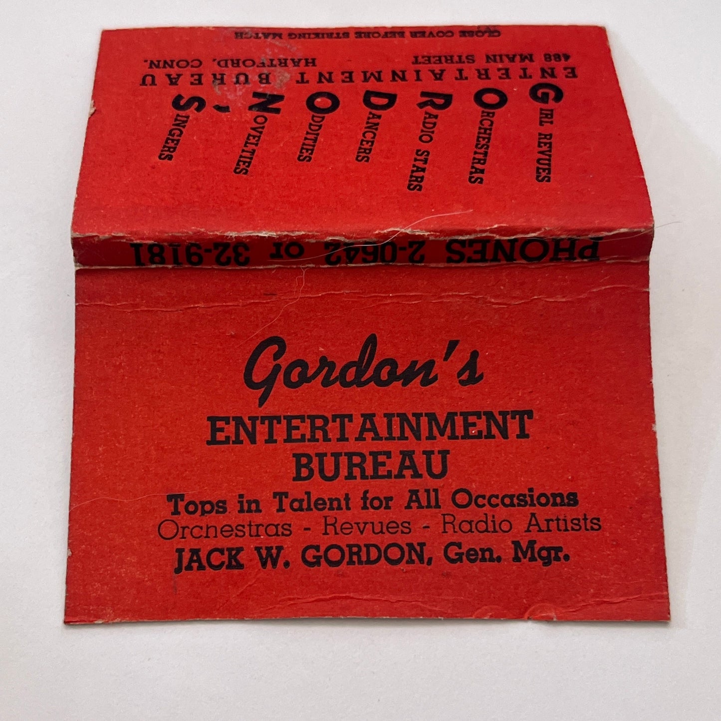 Gordon's Entertainment Bureau Jack W Gordon Hartford CT Matchbook TB8-MB-13