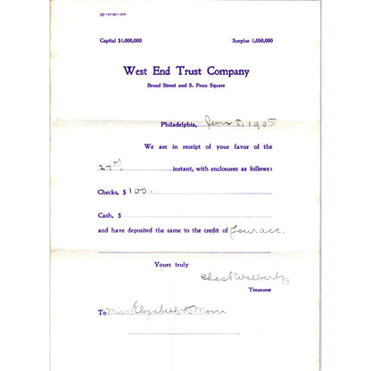 1908 West End Trust Company Philadelphia Letterhead Ai5-PCL