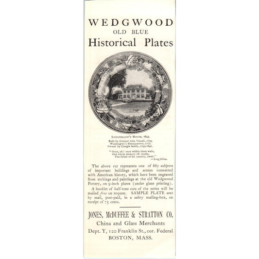 Wedgewood Plates Jones, McDuffee & Stratton Co Boston c1905 Victorian Ad D13