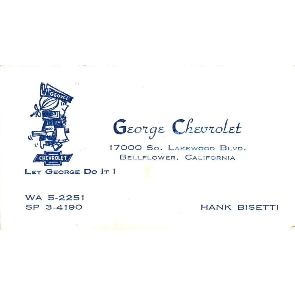 Hank Bisetti George Chevrolet Bellflower CA Vintage Business Card SE3-B7
