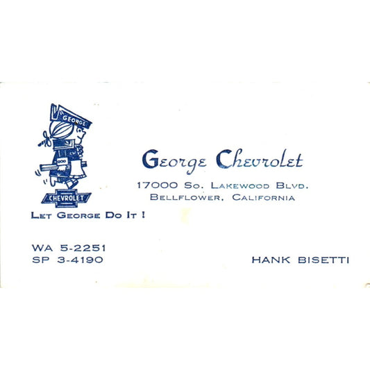 Hank Bisetti George Chevrolet Bellflower CA Vintage Business Card SE3-B7