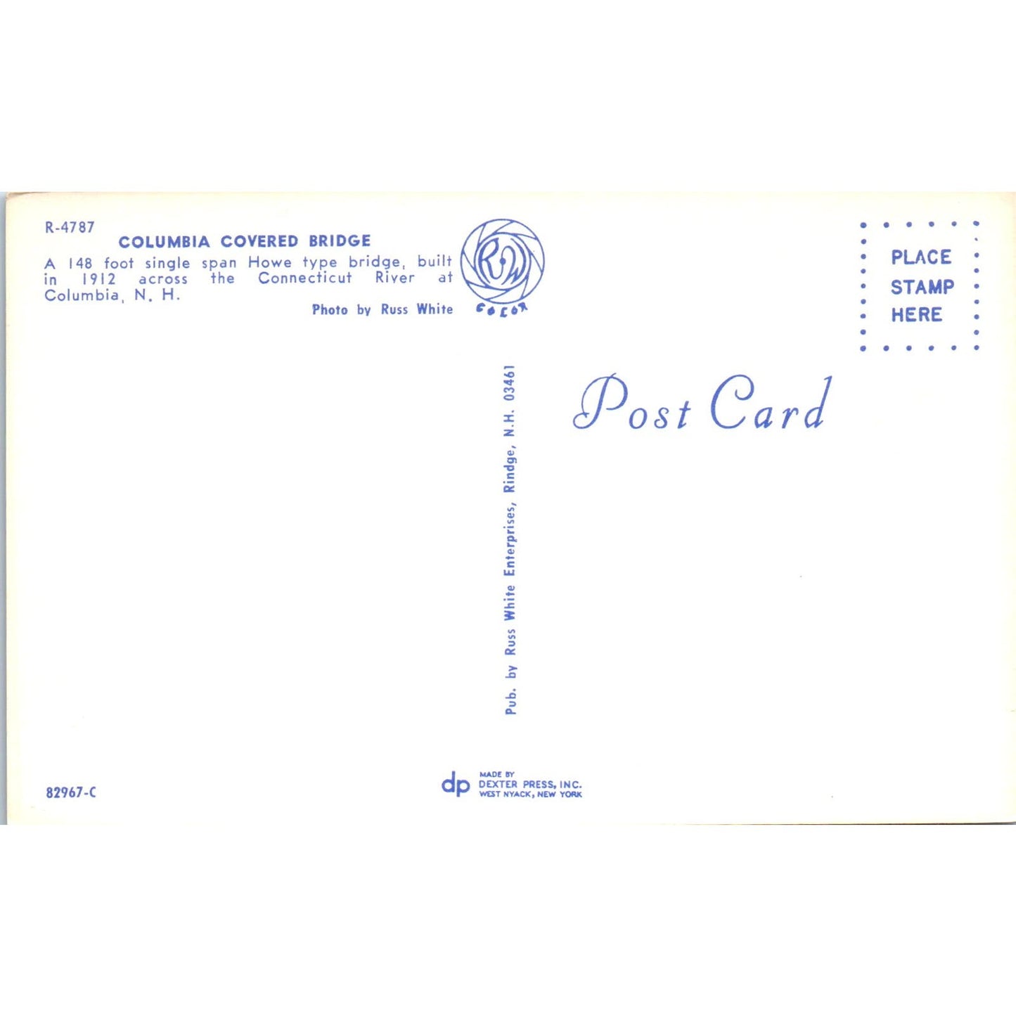 Columbia Bridge Connecticut River NH Covered Bridge Postcard PC4