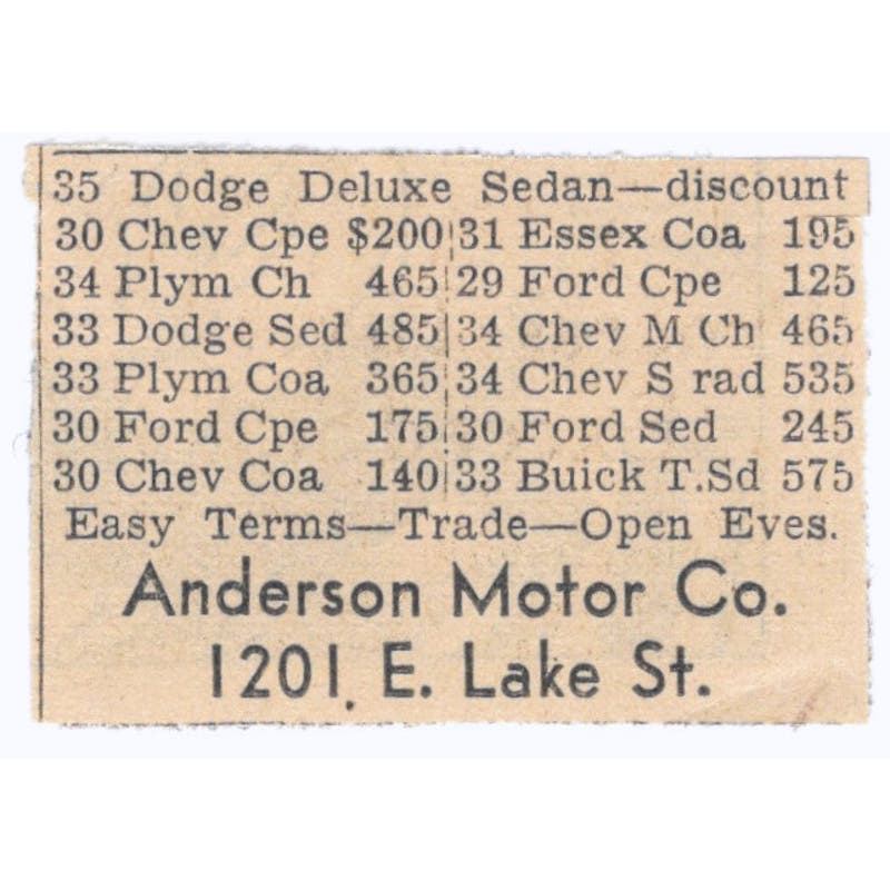 Anderson Motor Co East Lake Street 1935 Minneapolis Journal Advertisement AE7-H3