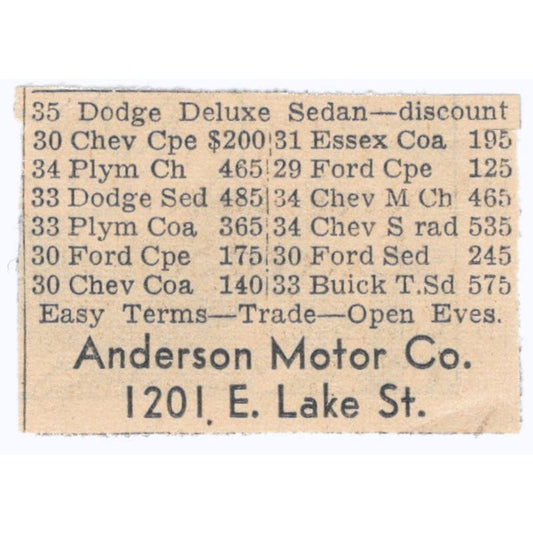 Anderson Motor Co East Lake Street 1935 Minneapolis Journal Advertisement AE7-H3