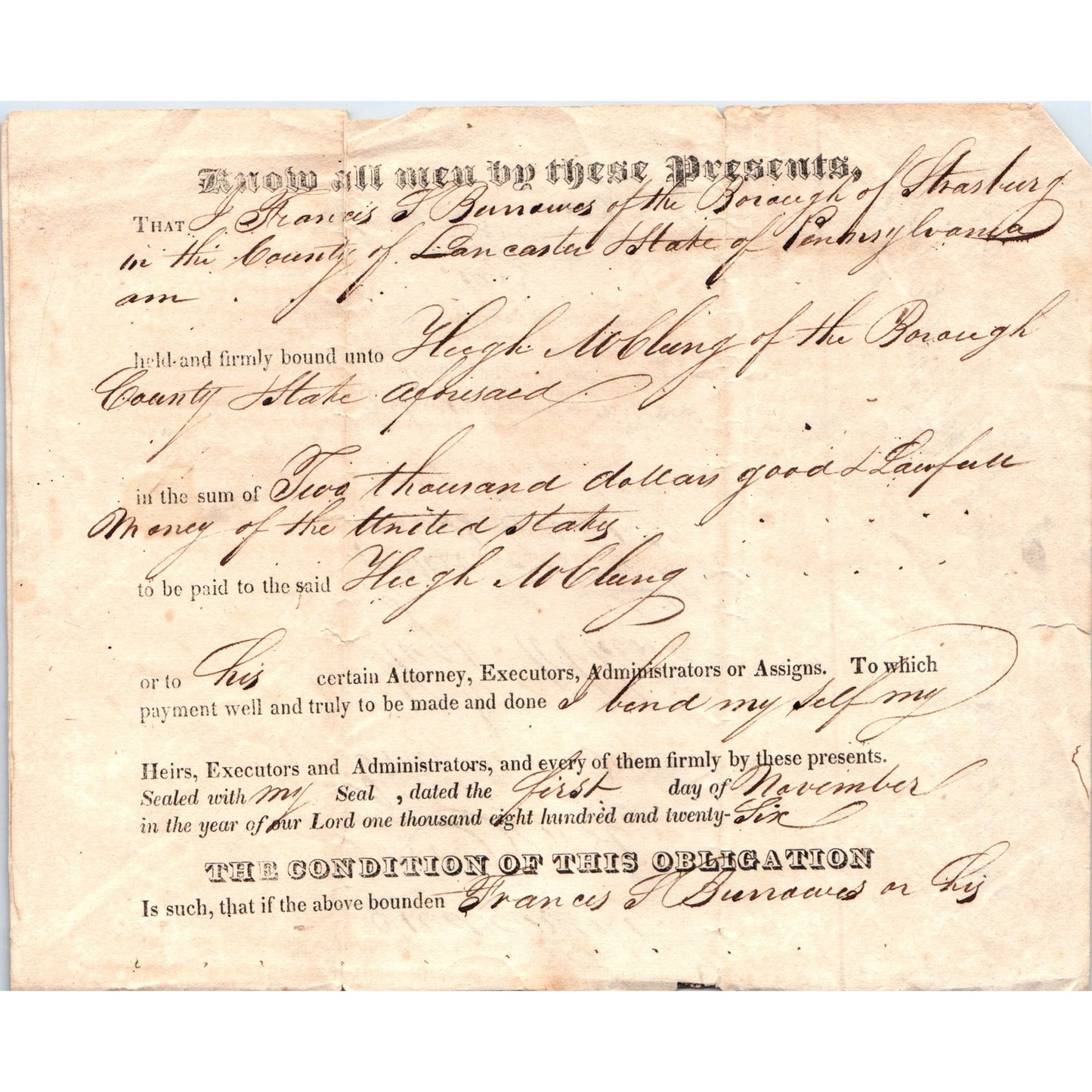 1827 Legal Agreement Strasburg PA J. Francis J, Bunawes Hugh McLung D23