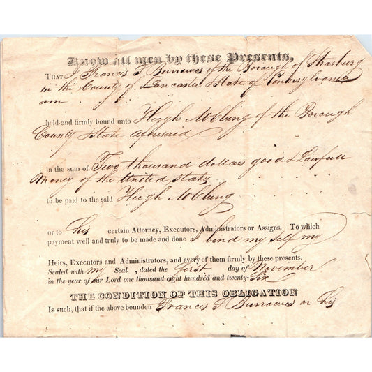 1827 Legal Agreement Strasburg PA J. Francis J, Bunawes Hugh McLung D23